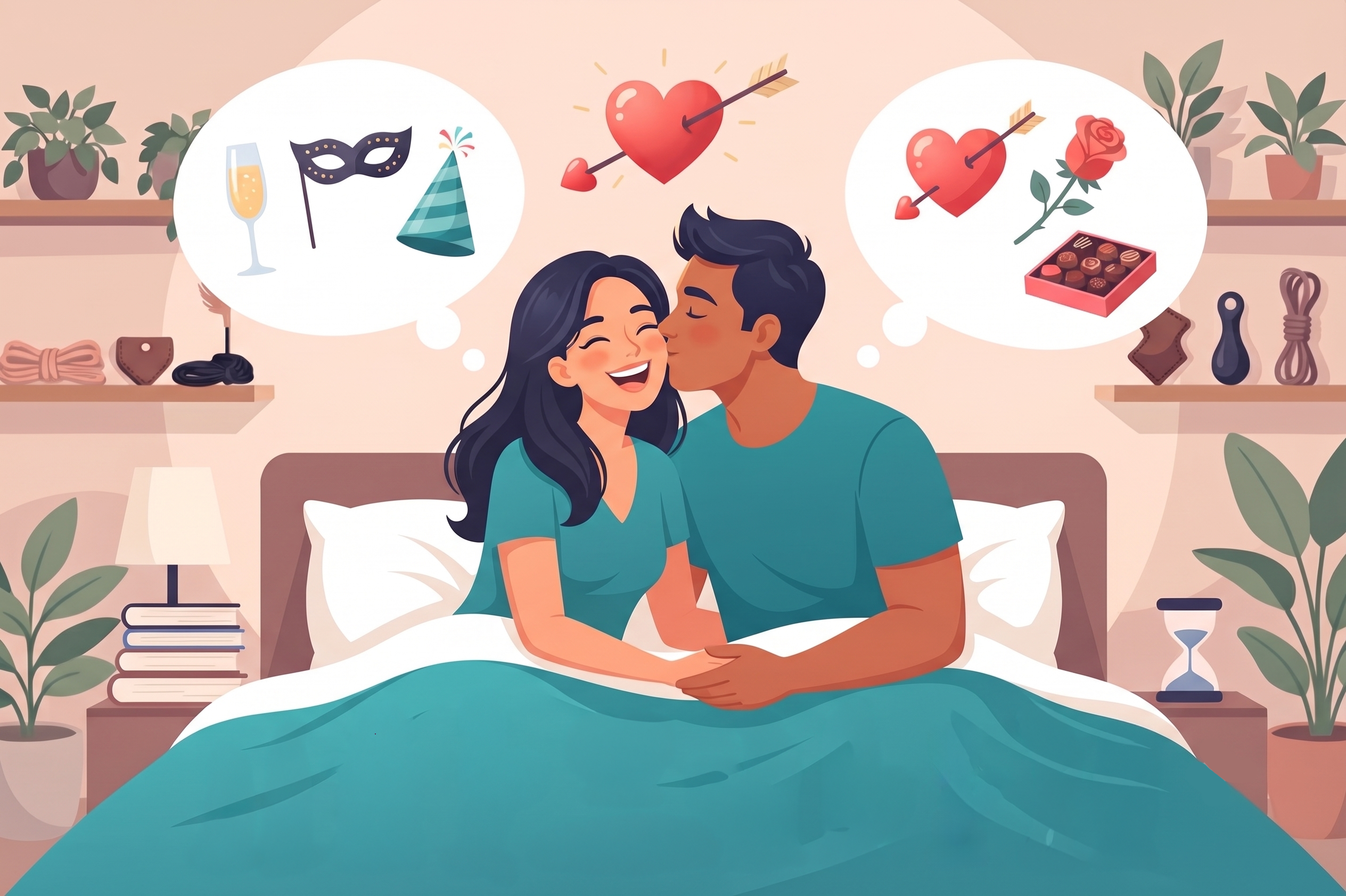 A couple sitting in bed, holding hands and thinking of sexual roleplay ideas