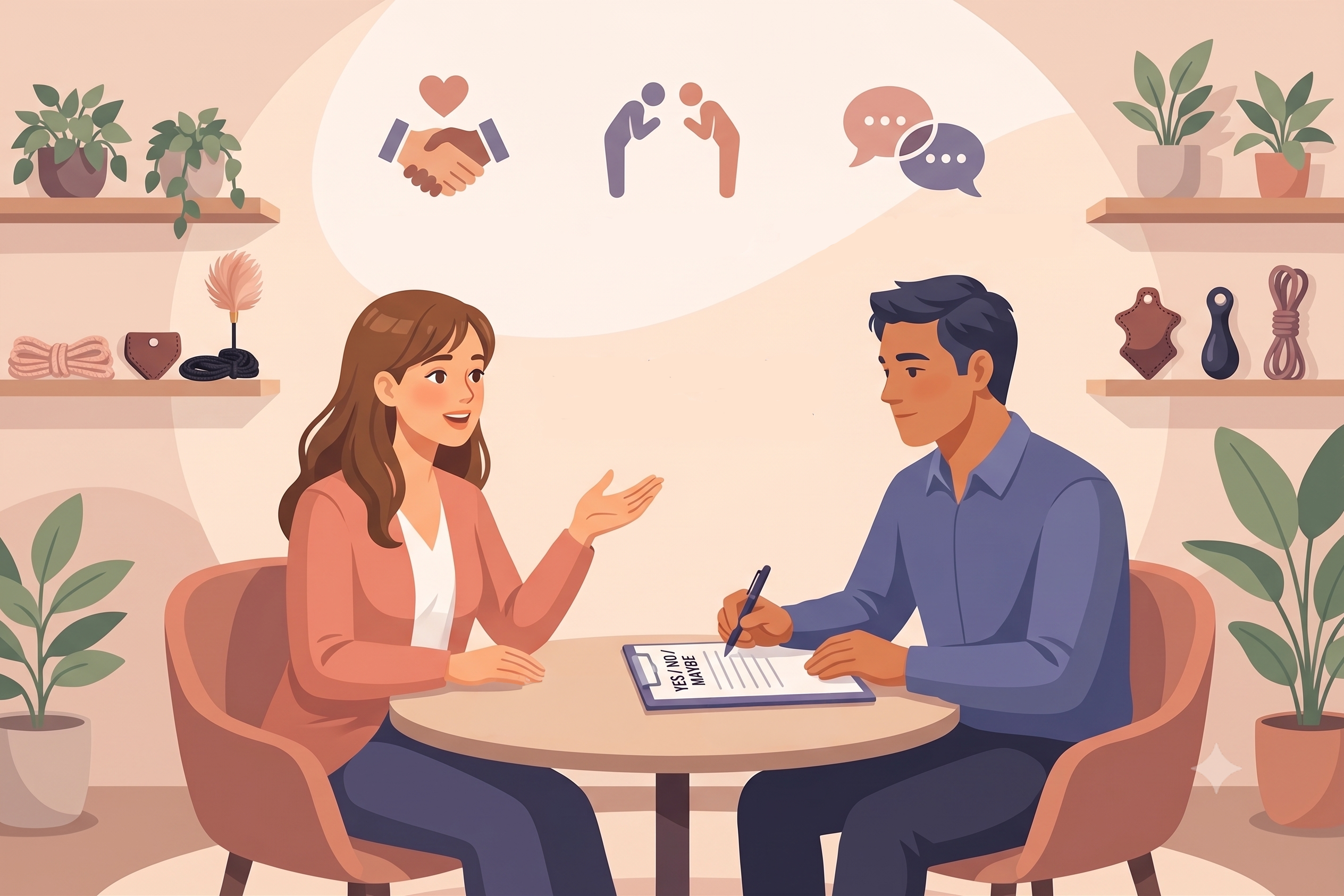 Two people communicating consent before engaging in BDSM