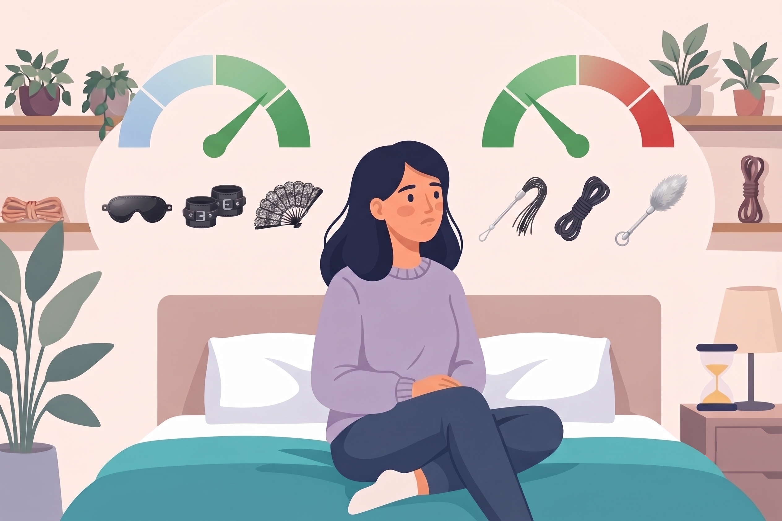 A woman sitting on her bed contemplating BDSM fantasies