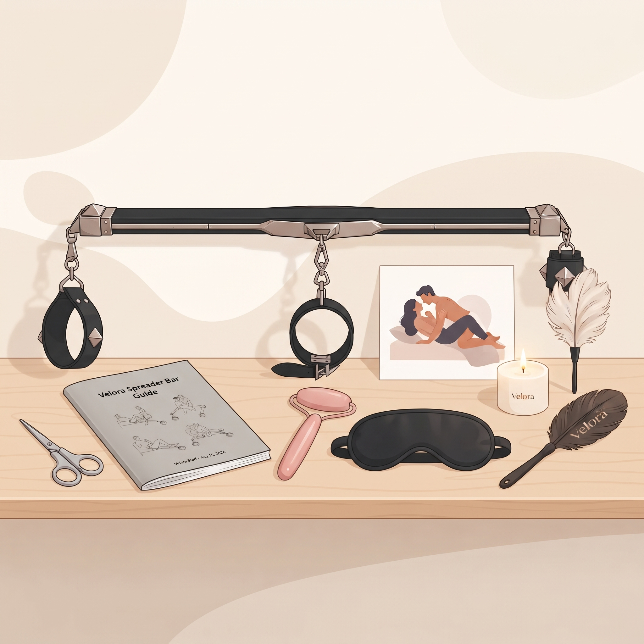 A BDSM spreader bar on a shelf with other BDSM toys. The shelf has a photo of an intimate couple.