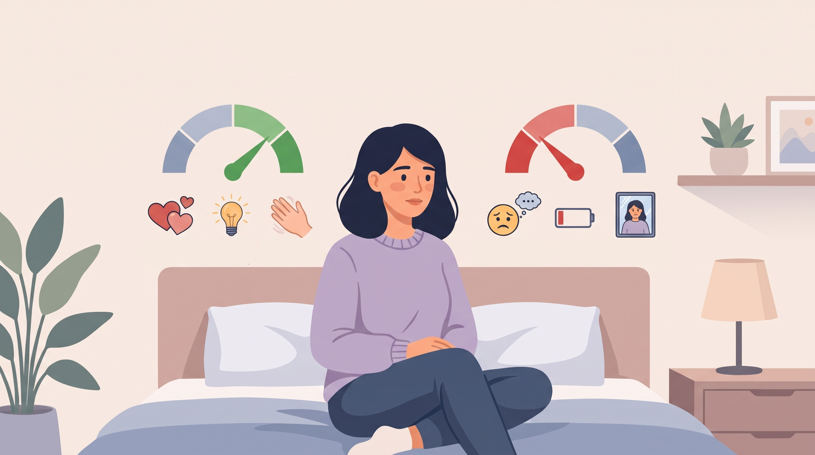 A woman on a bed pondering the items that turn her on on her left, and the items that turn her off on her right.
