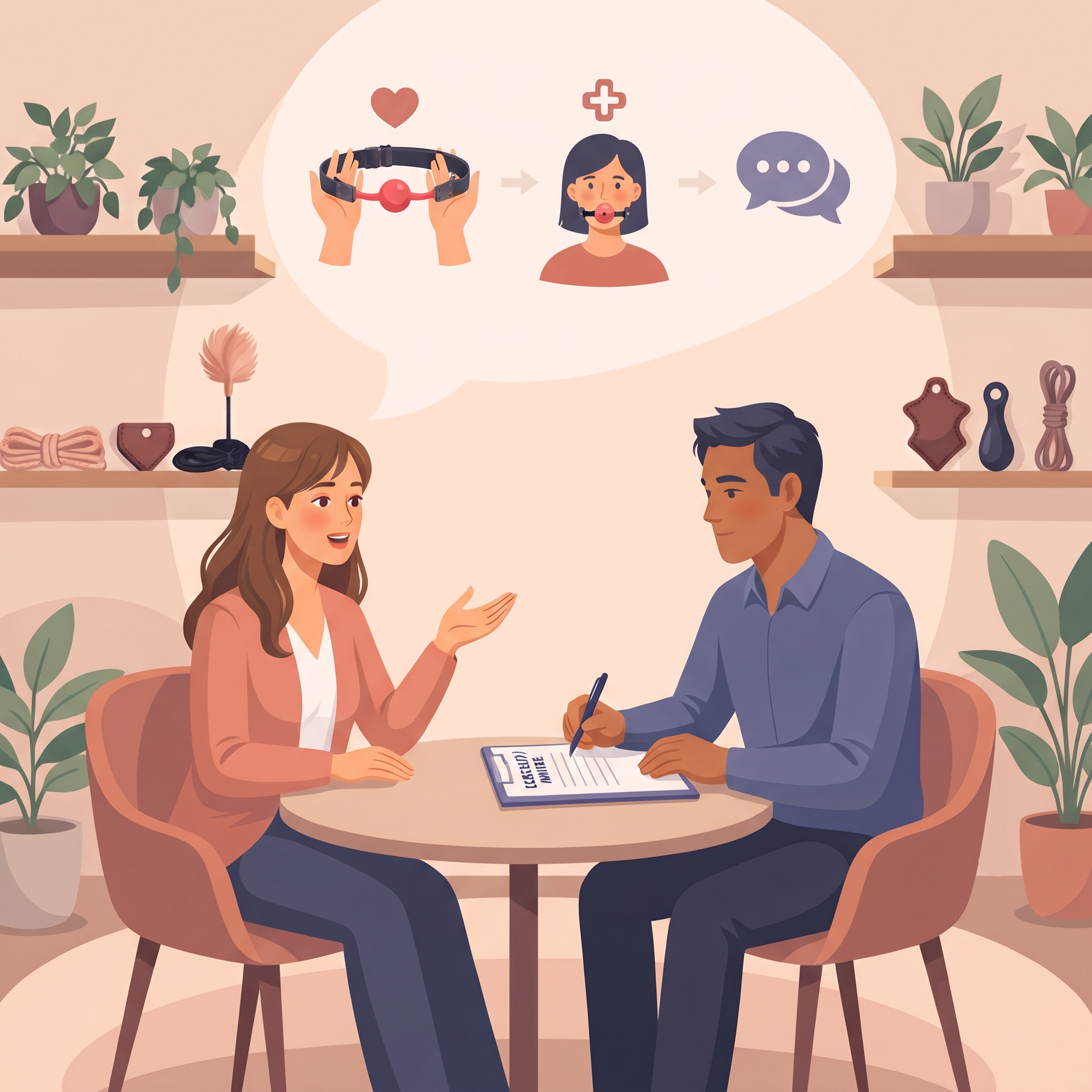 Two people sitting at a round table discussing the use of the Ball-Gag
