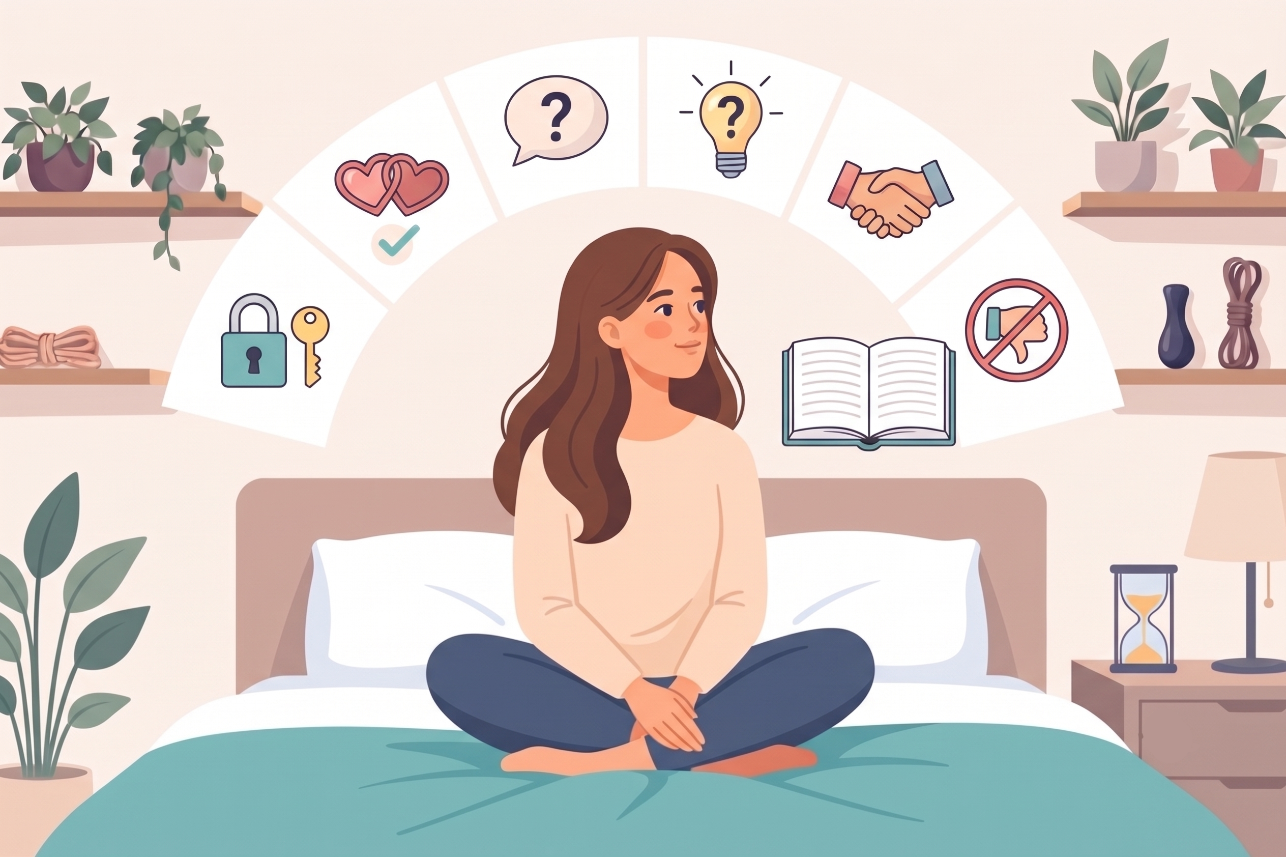 A woman sitting on a bed contemplating consensual non-consensual fantasies