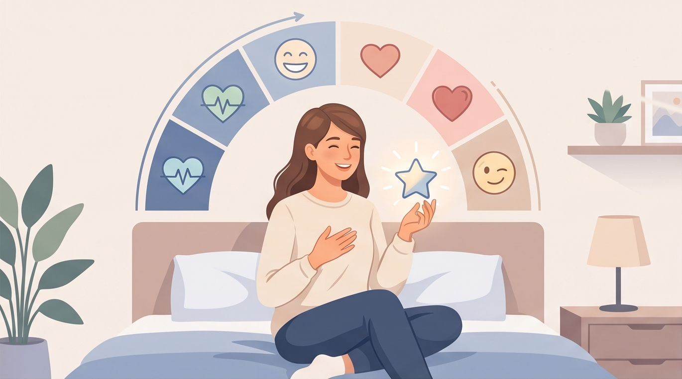 A woman on a bed with a rainbow of thoughts about sex toys above her