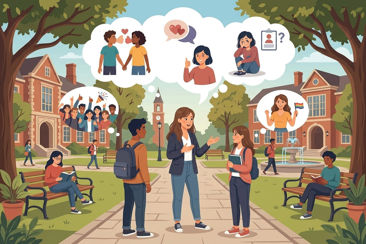 Friends talking about sexual experiences on campus.