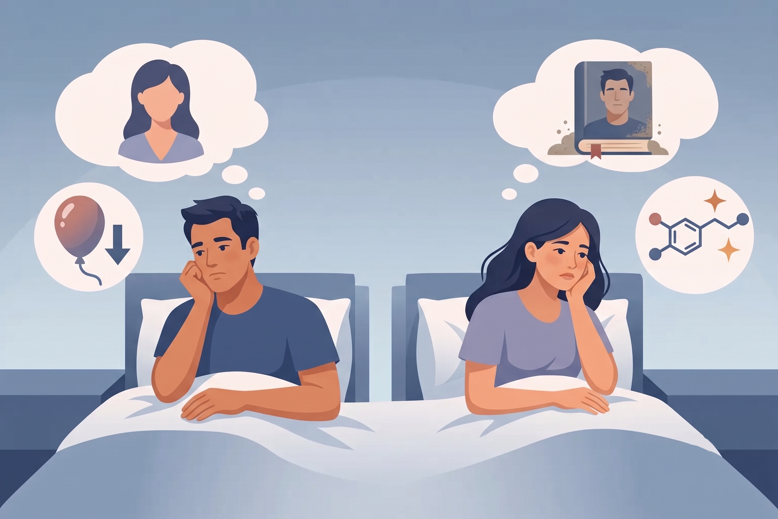 A couple in bed appearing dissatisfied with their relationship