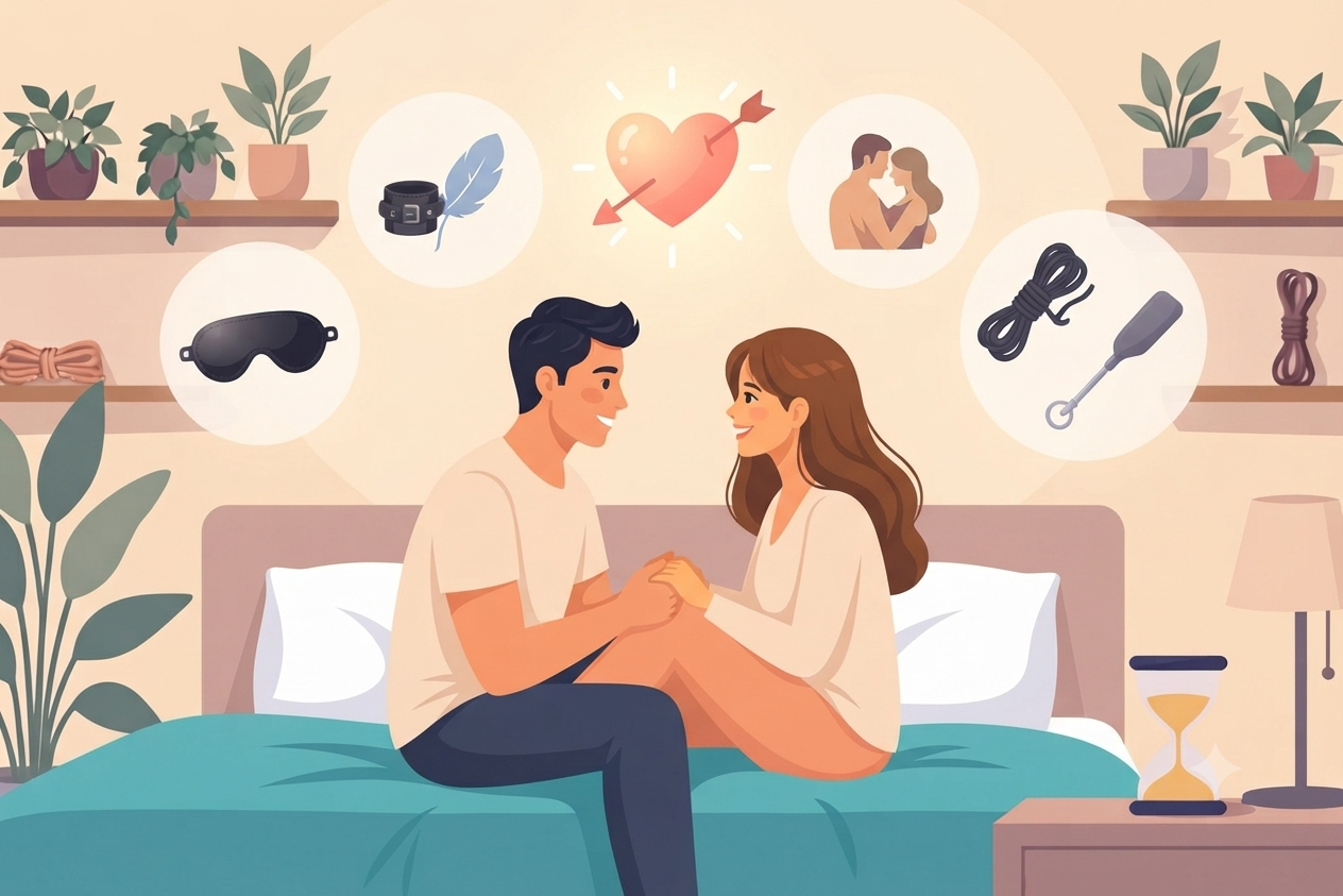 A man and woman sitting on a bed holding hands and talking about BDSM play.  