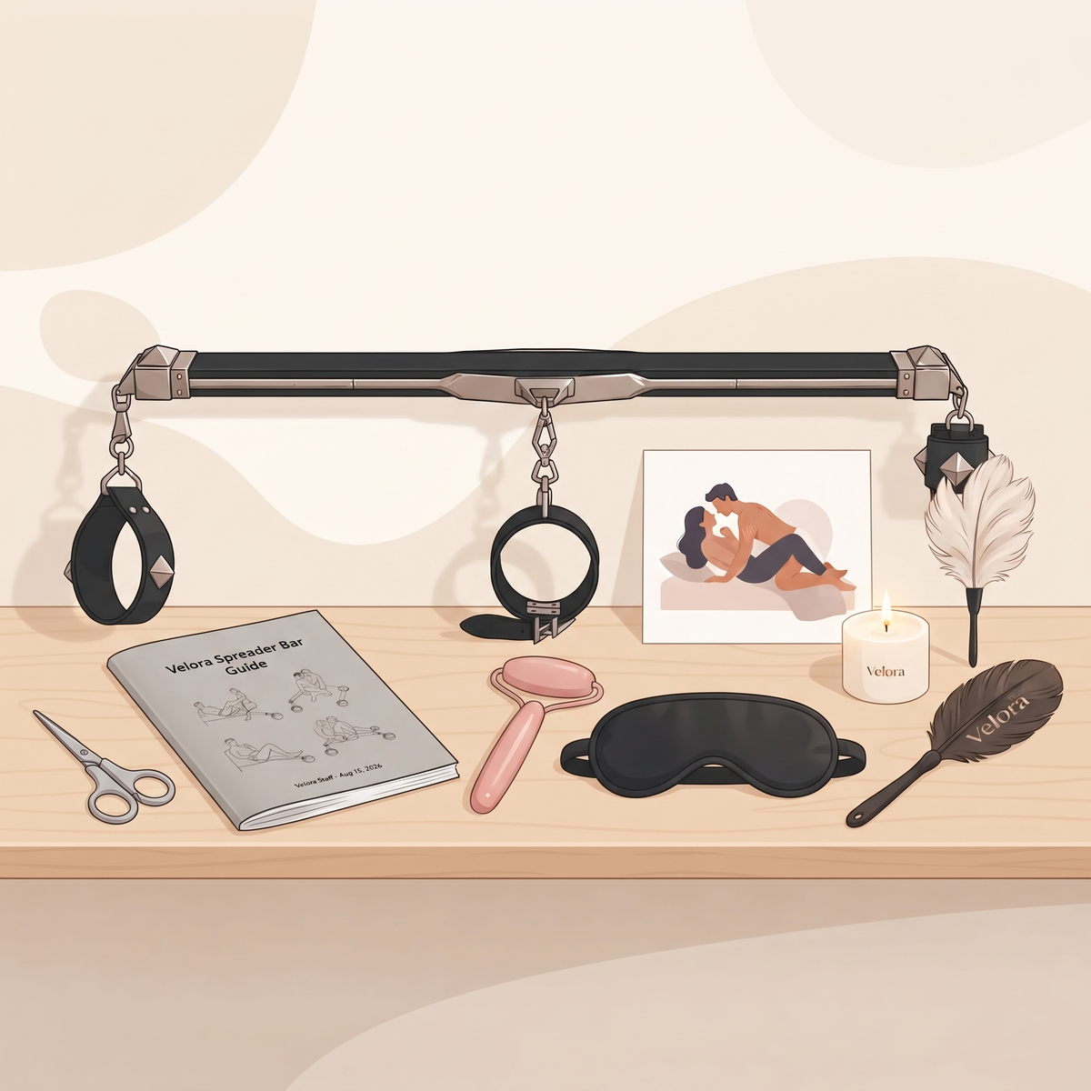 A BDSM spreader bar on a shelf with other BDSM toys.  The shelf has a photo of an intimate couple.