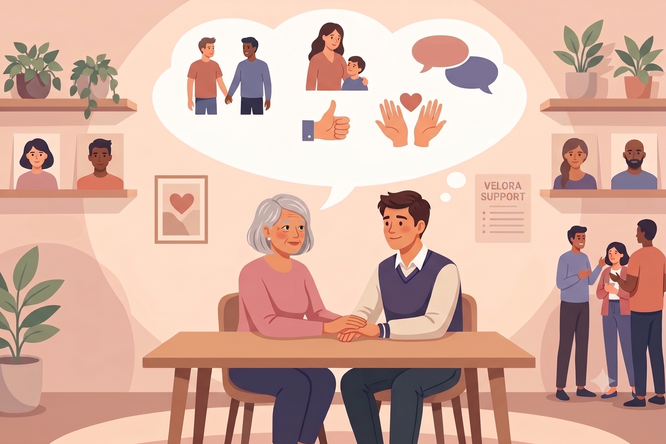 Image of a homosexual man being counselled by his older mother on consent and communication 